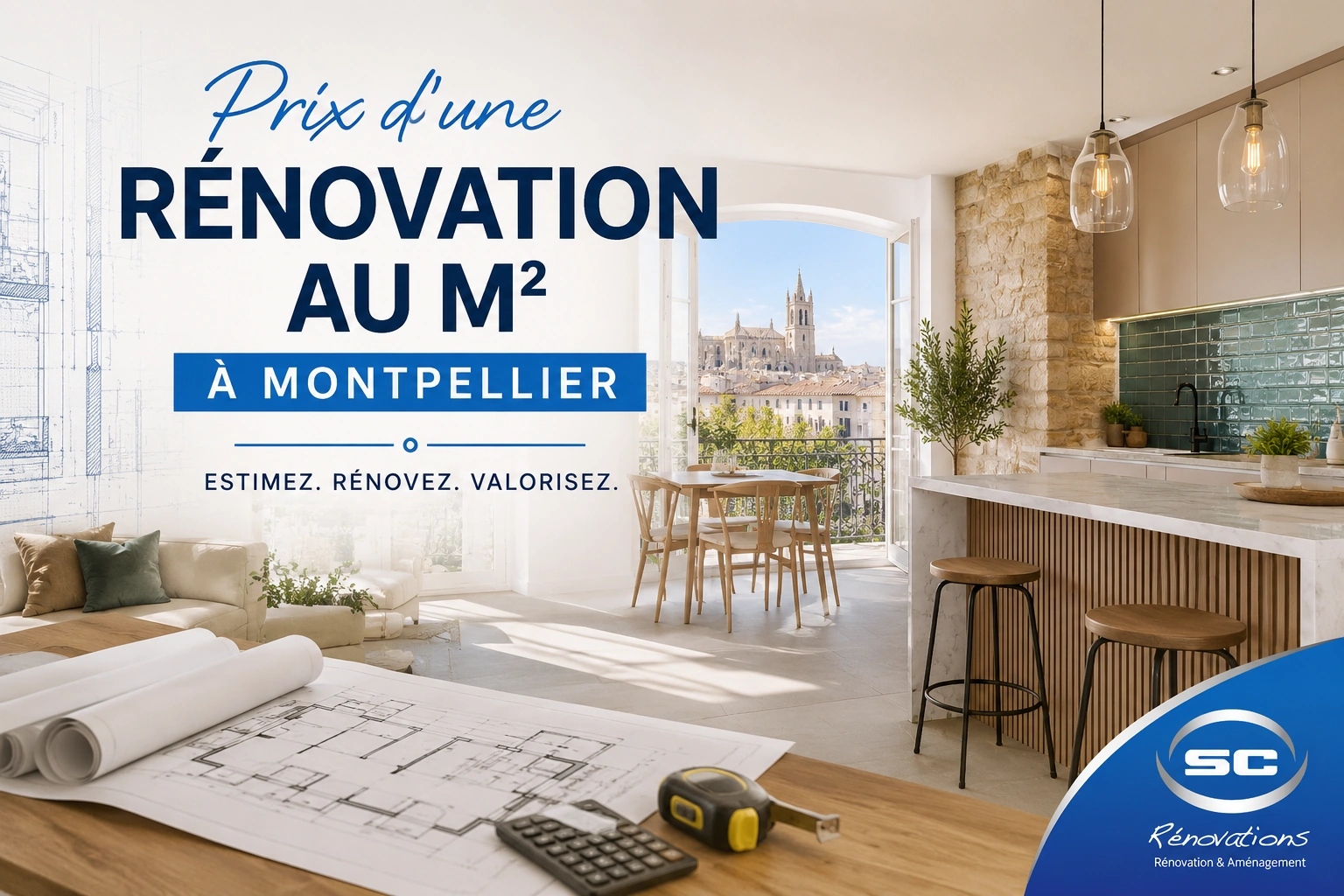 Prix d'une rénovation au m² à Montpellier : séjour et cuisine rénovés par SC Rénovations, plans et devis